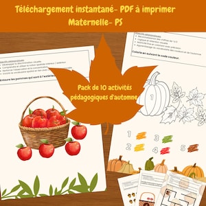 Peut inclure: Un PDF imprimable pour l'éducation préscolaire. L'image présente un panier de pommes rouges, une citrouille et des feuilles. Le texte comprend "Pack de 10 activités pédagogiques d'automne" et des instructions de coloriage.