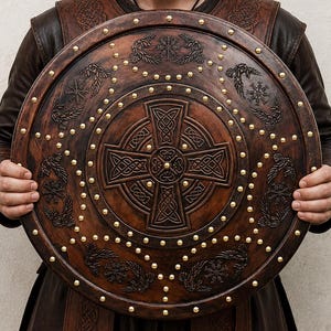 May include: A circular brown wooden shield featuring a central Celtic cross design surrounded by intricate carvings of birds and symbols. The shield is accented with numerous small, evenly spaced brass studs arranged in two concentric circular patterns.