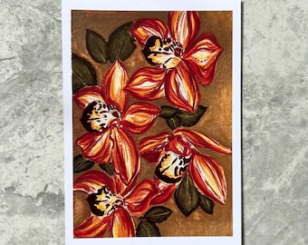 Abstrakcyjny wydruk artystyczny z motywem kwiatowym | Akrylowa sztuka kwiatowa 5x7 | Ciepły pomarańczowo-żółty wystrój botaniczny