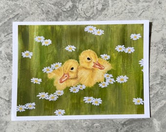 Duckling Meadow Art Print | 5x7 Acrylic Animal Art | Daisy Field Nursery Decor