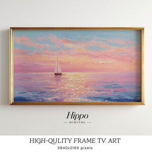 Cuadro de velero rosa para TV, pintura de puesta de sol costera, arte mural oceánico, decoración veraniega rosa, descarga digital para Samsung Frame TV