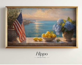 Coastal Patriotic Frame TV Art, American Flag Ocean Painting, 4th of July Samsung Frame TV Art, Summer Americana Digital Download