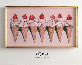 Strawberry Ice Cream Frame TV Art, Pink Dessert Painting, Samsung Frame TV Art, Sweet Kitchen Decor, Summer Digital Download