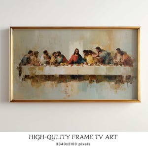 Puede incluir: Una impresión enmarcada de la Última Cena, con Jesús y sus discípulos en una mesa. La obra de arte tiene una paleta de colores cálidos con un marco dorado. El texto en la parte inferior dice "HIGH-QULITY FRAME TV ART" y "3840x2160 píxeles".