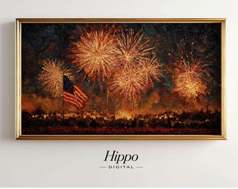 4th of July Frame TV Art, American Flag Fireworks Painting, Patriotic Samsung Frame TV Art, Independence Day Screensaver, Oil Painting Decor