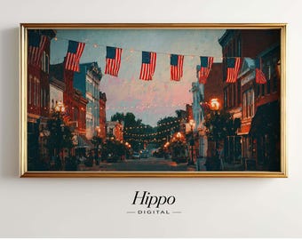 Patriotic Main Street Frame TV Art, Americana Small Town Street Painting, 4th of July Samsung Frame TV Art, Vintage USA Decor