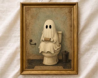 Funny Ghost On Toilet Halloween Wall Art Printable, Spooky Bathroom Decor, Vintage Ghost Bathroom Poster, Dark Academia Halloween Print