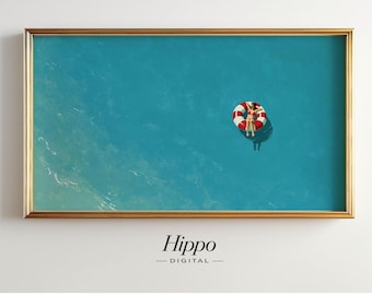 Minimal Pool Frame TV Art, Floating Woman Ocean Scene, Aerial Summer Beach Screensaver, Samsung Frame TV 4K
