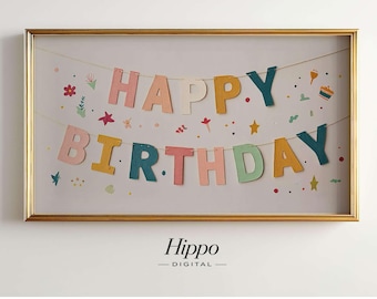 Happy Birthday Banner Frame TV Art, Kids Birthday Decor Screen, Pastel Party Garland, Samsung Frame TV 4K, Minimal Birthday Screensaver
