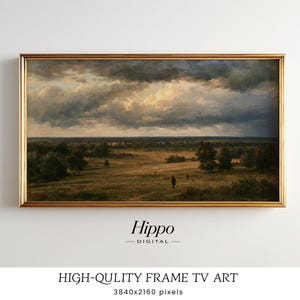 May include: A landscape painting in a gold frame depicting a vast field under a dramatic, cloudy sky with dark grey and golden light. Small figures walk through the grassy terrain with scattered trees. The text Hippo DIGITAL is below the frame.