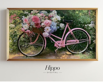 Pink Floral Bicycle Frame TV Art, Cottagecore Garden Landscape, Samsung Frame TV Art, Vintage Floral Digital Screensaver