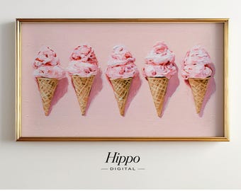 Pink Ice Cream Frame TV Art, Cute Kitchen Decor, Samsung Frame TV Art, Pastel Dessert Painting, Summer Digital Screensaver
