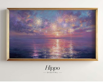 Pastel Fireworks Frame TV Art, Coastal Sunset Samsung Frame TV Art, Dreamy Ocean Fireworks Painting, 4th of July TV Art