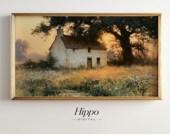 Barbizon Sunset Frame TV Art, French Cottage Landscape, Golden Hour Countryside Painting, Samsung Frame TV Art, Vintage Digital Download