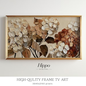 May include: A rectangular wall art piece in a gold frame featuring a textured oil painting of hydrangea flowers in shades of cream, beige, and deep brown. The artwork displays thick impasto brushstrokes and includes the text Hippo DIGITAL.