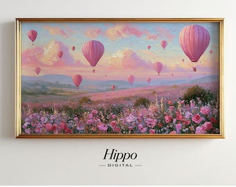 Pink Hot Air Balloon Frame TV Art, Dreamy Pink Landscape, Samsung Frame TV Art, Pastel Floral Meadow, Digital TV Screensaver