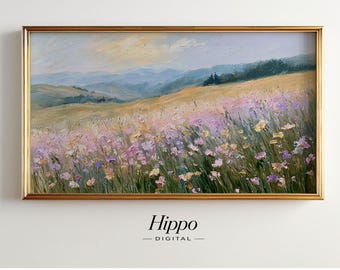 Wildflower Meadow Frame TV Art, Pastel Landscape Painting, Cottagecore Wall Art, Floral Field Decor, Digital Download