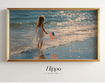 Patriotic Beach Frame TV Art, 4th of July Coastal Painting, American Flag Summer TV Art, Samsung Frame TV Screensaver