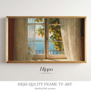 May include: A framed digital art print depicts a window overlooking a blue sea and lemon tree. The window is framed by white curtains and a gold frame. The text "Hippo Digital" and "HIGH-QULITY FRAME TV ART" are at the bottom.