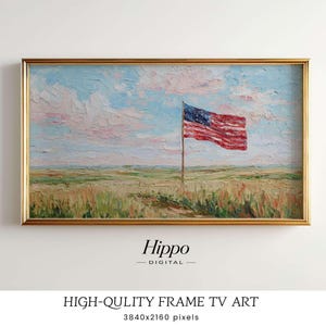 May include: A framed painting of the American flag waving in a field under a blue sky with pink and white clouds. The artwork is labeled "Hippo Digital" and "HIGH-QULITY FRAME TV ART".