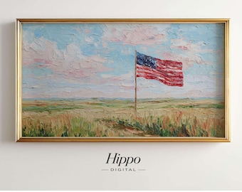 Independence Day Frame TV Art, 4th of July American Flag, Summer Landscape Oil Painting, Samsung Frame TV 4K, Patriotic Screensaver