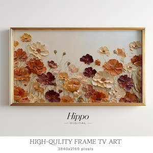 May include: A rectangular wall art piece in a gold frame featuring a textured floral painting with cream, orange, and deep burgundy flowers on a light background. Below the image, the text reads Hippo DIGITAL HIGH-QULITY FRAME TV ART.