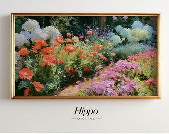 Cottage Garden Frame TV Art, Wildflower Garden Painting, Hydrangea Floral Landscape, English Garden Digital Download