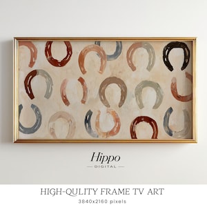 Puede incluir: Una obra de arte digital enmarcada rectangular con un patrón repetitivo de pinceladas en forma de U en tonos terracota, azul pizarra, beige y marrón oscuro sobre un fondo crema. El texto Hippo DIGITAL y HIGH-QULITY FRAME TV ART es visible.