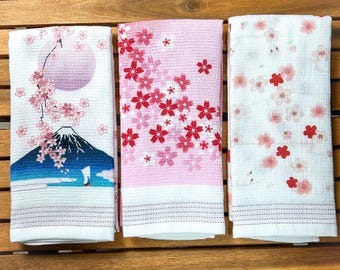Sakura Mt Fuji Japanese Tenugui Set Japanese Fabric Wall Art Traditional Textile Wall Hanging Japan Lover Gift Set of 3