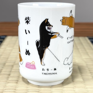 May include: A white ceramic mug featuring colourful illustrations of Shiba Inu dogs in various poses. One black and tan dog stands upright holding chopsticks, with Japanese text and the word TACHIINU printed below. A pink bowl labelled SHIBA is visible.