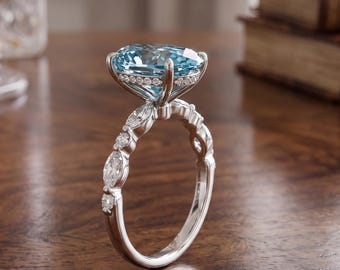 3CT Oval Blue Moissanite Engagement Ring, Vintage Hidden Halo Diamond, 14K Gold Bridal Band