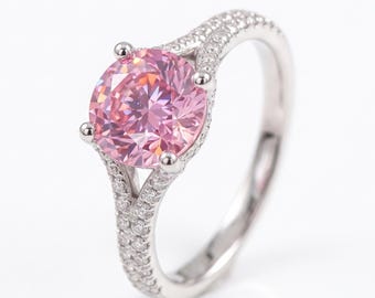 3 Carat Oval Pink Diamond Halo Ring, Sterling Silver Engagement Ring, Bridal Jewelry