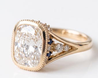 4 Carat Cushion Cut Diamond Halo Ring, Yellow Gold Vintage Solitaire Engagement Ring