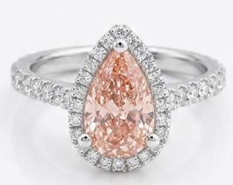 Vintage Pear Pink Moissanite Halo Engagement Ring & Pave Bridal Wedding Band
