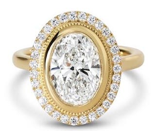 3CT Oval Lab Grown Diamond Engagement Ring: 18K Gold Bezel Pave Setting Bridal Ring