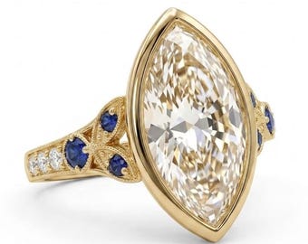 14K Gold Marquise Lab Grown Diamond Ring, Bridal Vintage Design with Blue Accents