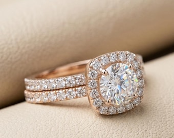 2CT Lab Grown Diamond Vintage Ring Set, Minimalist Bridal Band, IGI Certified Yellow Gold