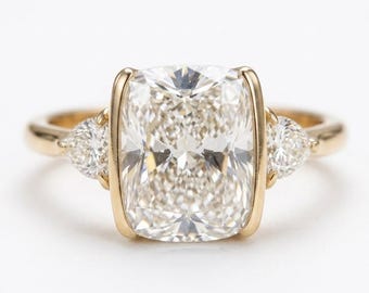 3 Carat Cushion Cut Moissanite Engagement Ring | 14K Gold Three Stone Bridal Ring