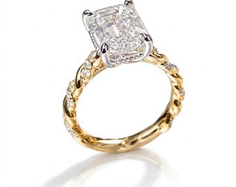 Cushion Cut Engagement Ring, Hidden Halo, Twisted Pavé Band, Moissanite or Lab Diamond