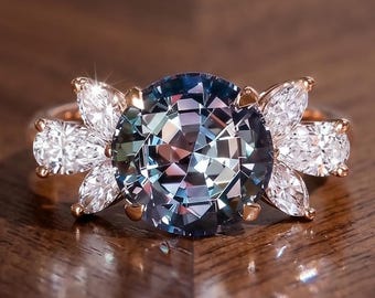 Vintage Blue Stone Ring, 2.5 Carat Round Cut, Floral Cluster, Rose Gold Finish Engagement