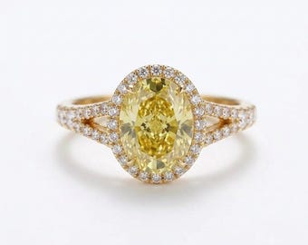 2 Ct Oval Yellow Diamond Halo Pave Ring, 14K Gold Vintage Bridal Proposal Ring
