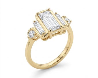 Emerald Cut Moissanite Ring, 2CT Diamond, 18K Gold Vintage Proposal Ring