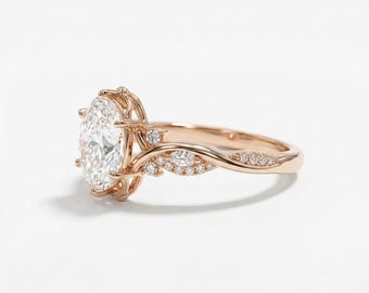2.5Ct Oval Lab Grown Diamond Engagement Ring, Marquise & Round Accents