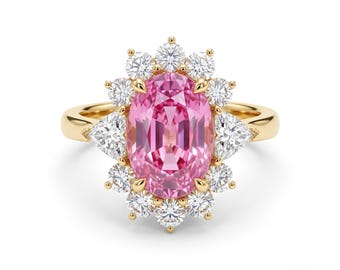 Oval Pink Moissanite Engagement Ring, Vintage Bridal 18K Gold Promise Ring