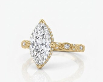 3CT Marquise Cut Moissanite Engagement Ring, 14K Gold Hidden Halo Diamond Ring