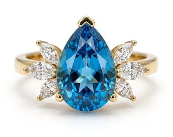 Blue Pear Cut Engagement Ring, Leaf Diamond Accents, Nature Inspired Gold Bridal Ring