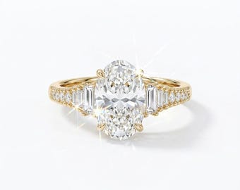 3 Carat Oval Moissanite Engagement Ring, Antique Step Cut, 14K Gold Pave Bridal Ring