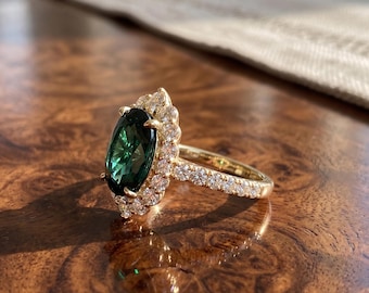 Oval Green Diamond Halo Engagement Ring, Solid Gold Vintage Style Statement Jewelry