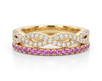 Gold Ring Stack - Pink Eternity Band & Diamond Wedding Ring Set - Stackable Bridal Rings
