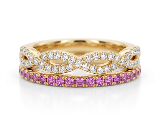Featured listing image: Gold Ring Stack - Pink Eternity Band & Diamond Wedding Ring Set - Stackable Bridal Rings
